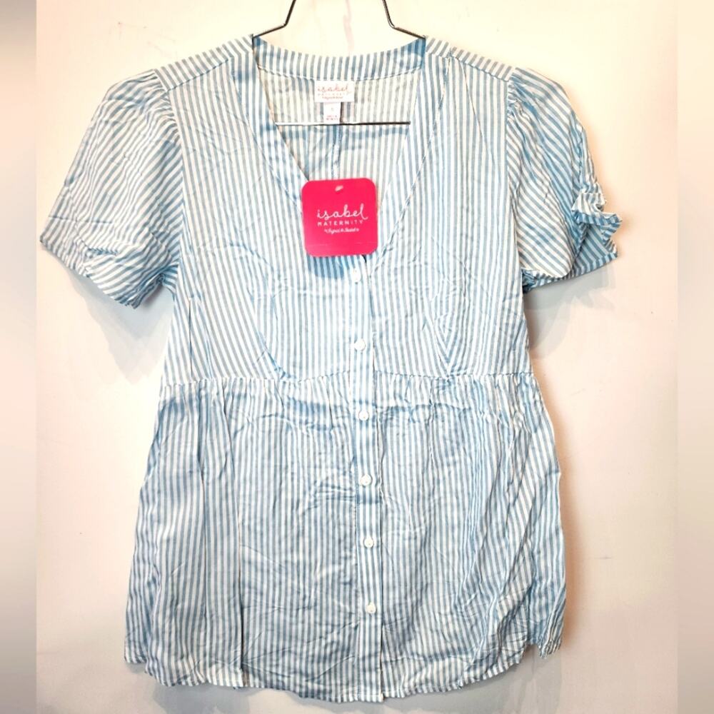 Ingrid & Isabel Maternity S Stripe Blouse Short Sleeve Coastal Nautical Blue NWT